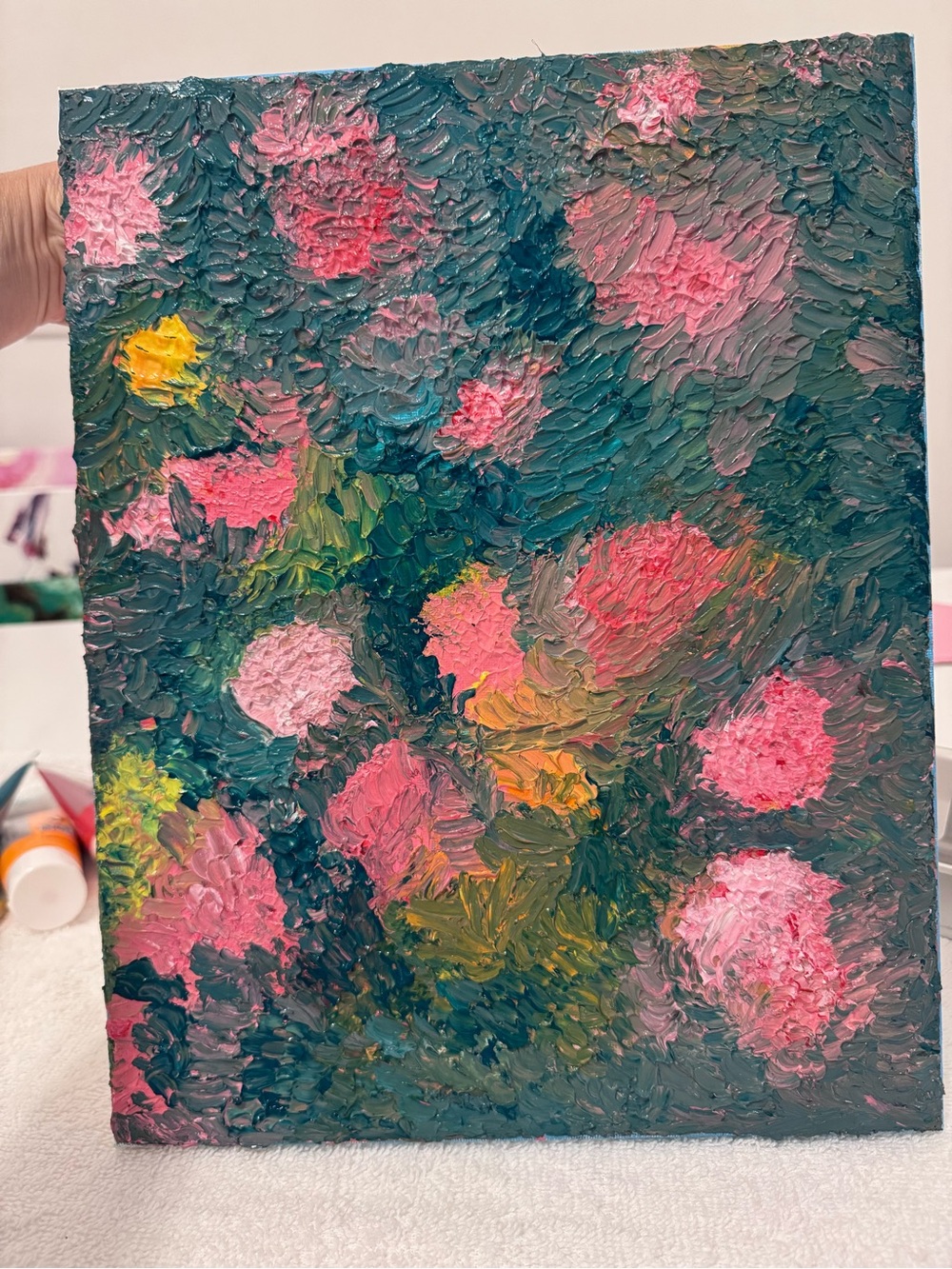 Original Abstract Floral Oil Painting - Pink and Green